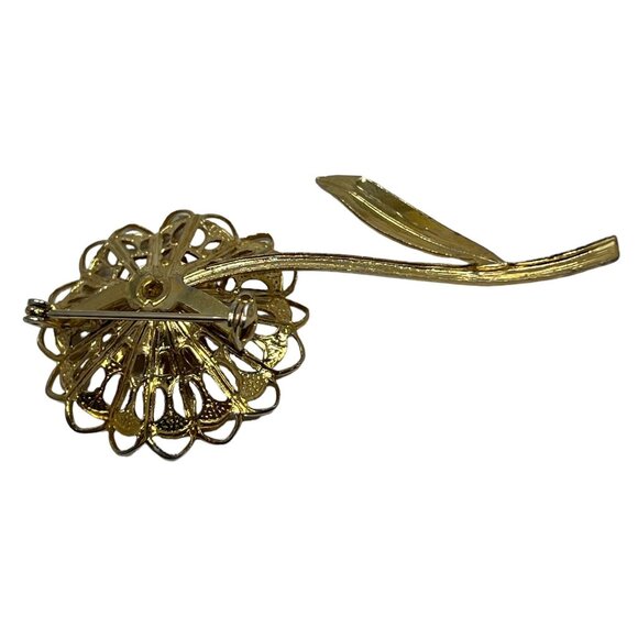 Vintage Brooch Flower Faux‎ Pearl Center Open Filigree Metal Work Gold Tone Pin - Picture 3 of 9